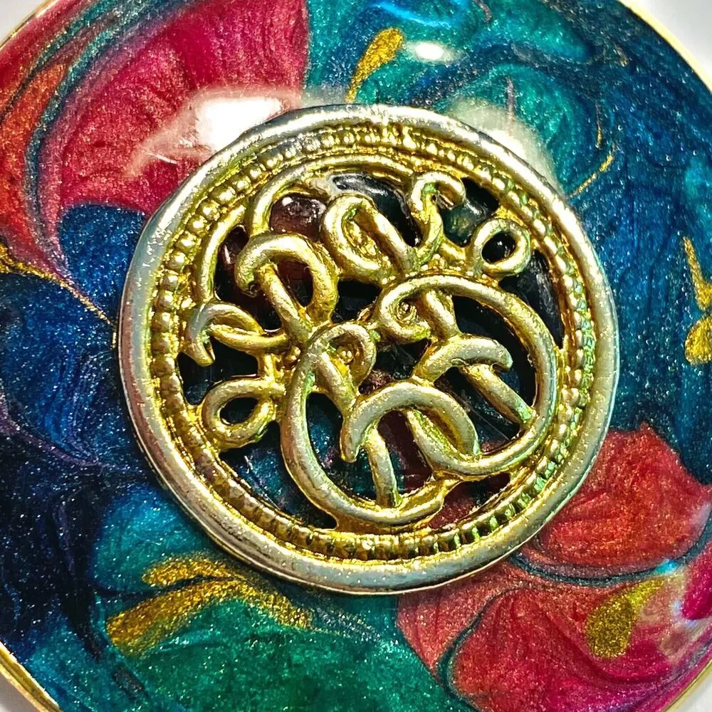 Vintage 1980's Brooch Round Goldtone Multicolor Enamel Finish Classic Boss Lady